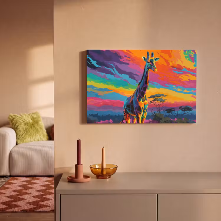 Canvas schilderij - Giraffe - Savanna - Lucht - Gekleurd — 2
