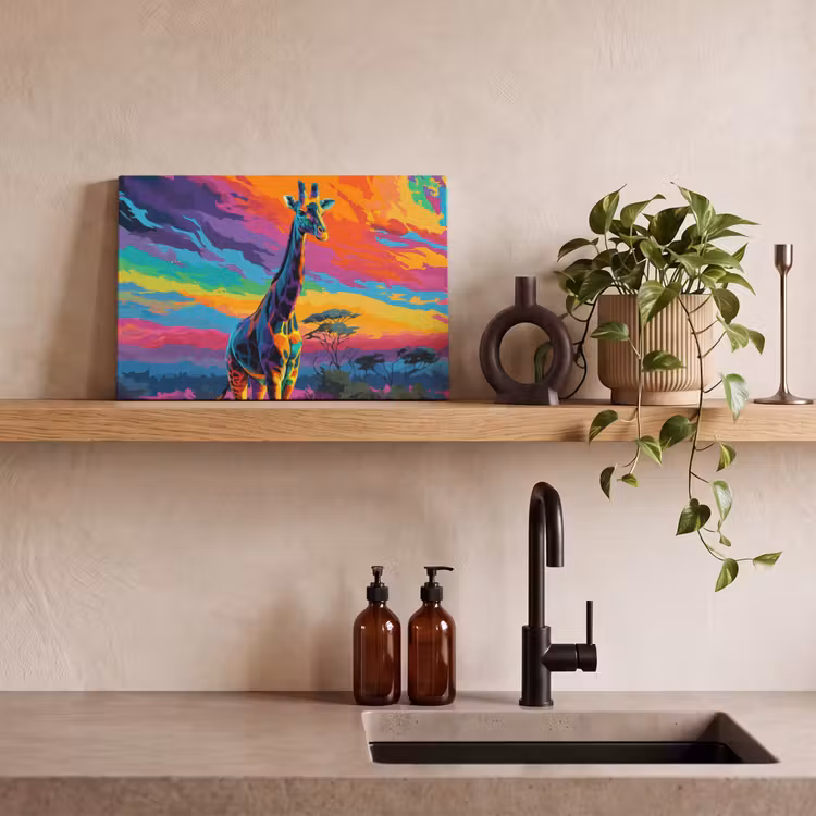 Canvas schilderij - Giraffe - Savanna - Lucht - Gekleurd — 4