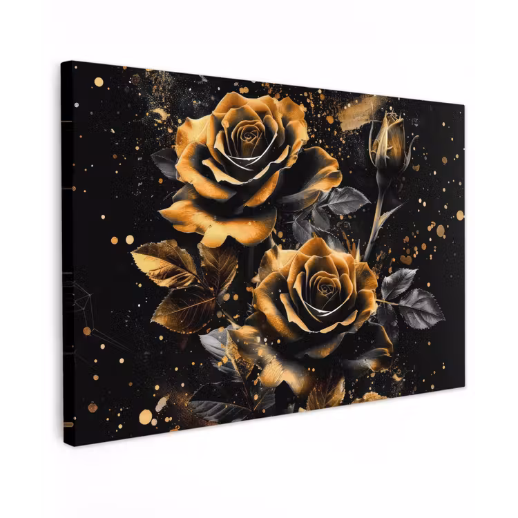 Canvas schilderij - Bloemen - Goud - Zwart - Kunst — 1