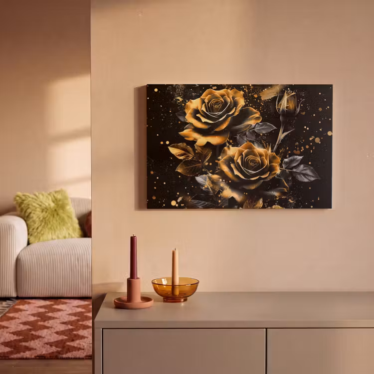 Canvas schilderij - Bloemen - Goud - Zwart - Kunst — 2