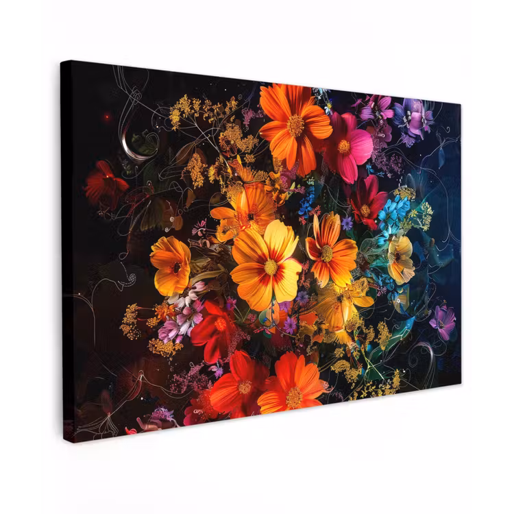 Canvas schilderij - Bloemen - Kleurrijk - Zwart — 1
