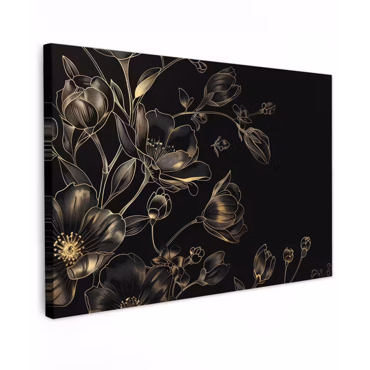 Canvas schilderij - Bloemen - Kunst - Goud - Zwart — 1