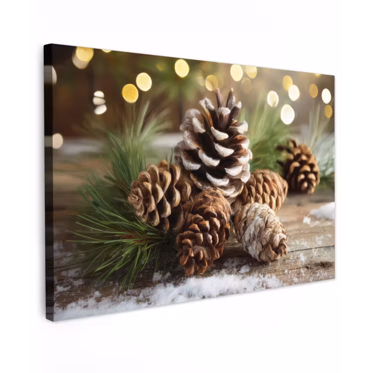 Canvas schilderij - Dennenappels - Kerstsfeer - Bruin - Groen — 1