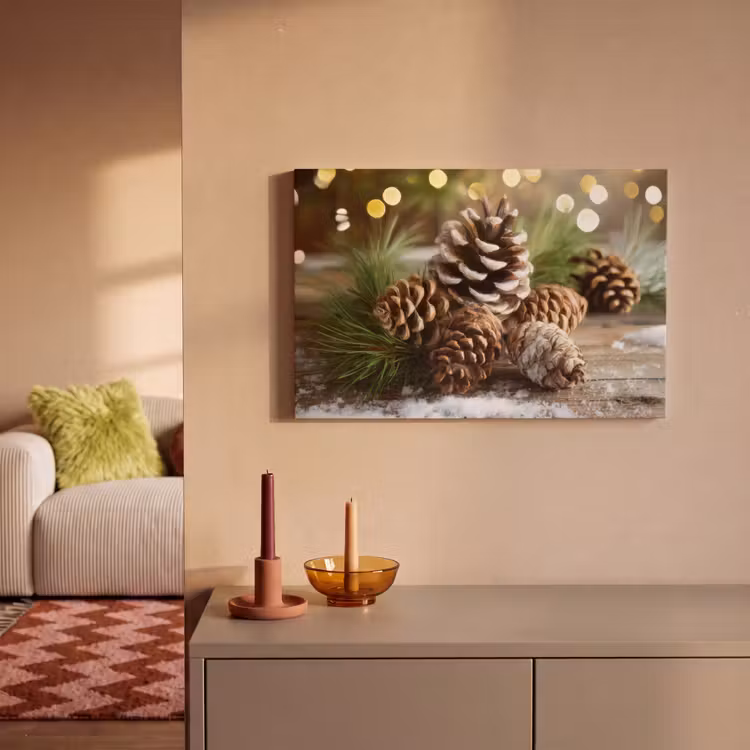 Canvas schilderij - Dennenappels - Kerstsfeer - Bruin - Groen — 2