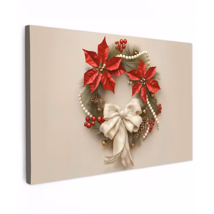 Canvas schilderij - Deurkrans - Strik - Kerst - Rood - Groen — 1