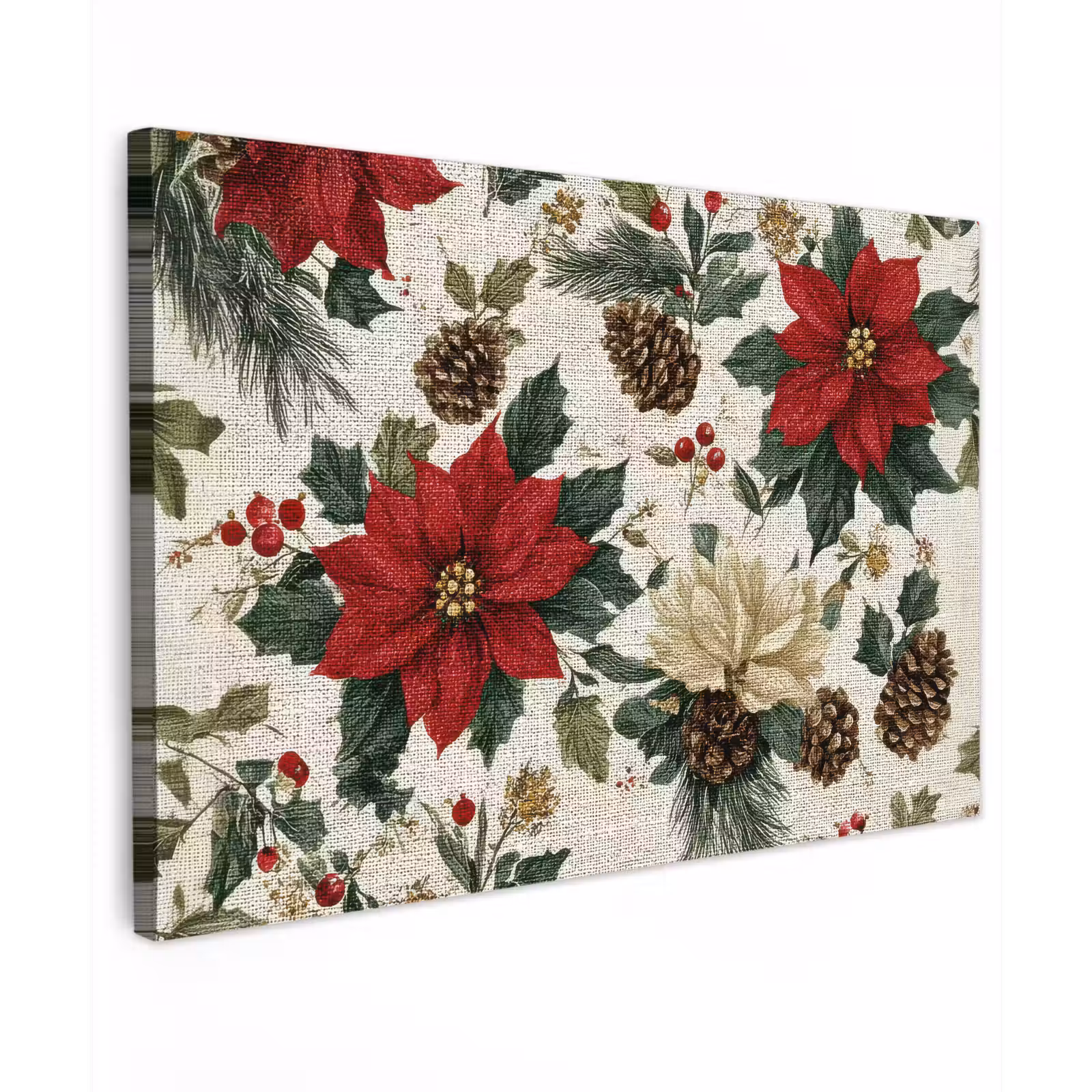 Canvas schilderij - Feestelijk - Textielpatroon - Kerstbloemen - Kleurrijk — 1