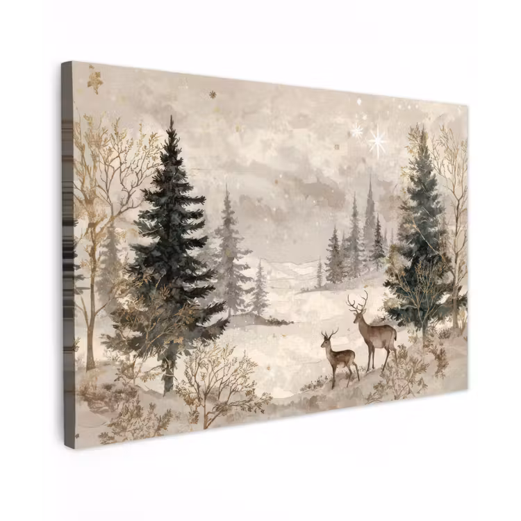 Canvas schilderij - Bos - Herten - Winter - Sneeuw — 1