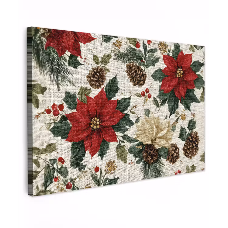 Canvas schilderij - Feestelijk - Textielpatroon - Kerstbloemen - Kleurrijk — 1