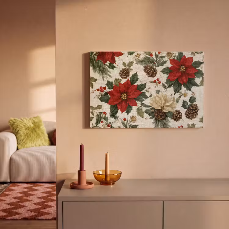 Canvas schilderij - Feestelijk - Textielpatroon - Kerstbloemen - Kleurrijk — 2