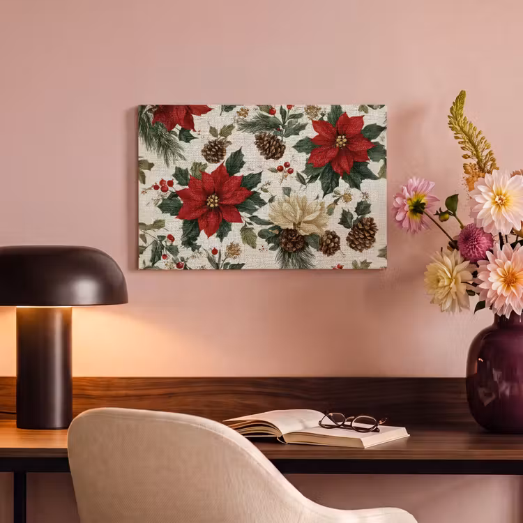 Canvas schilderij - Feestelijk - Textielpatroon - Kerstbloemen - Kleurrijk — 6