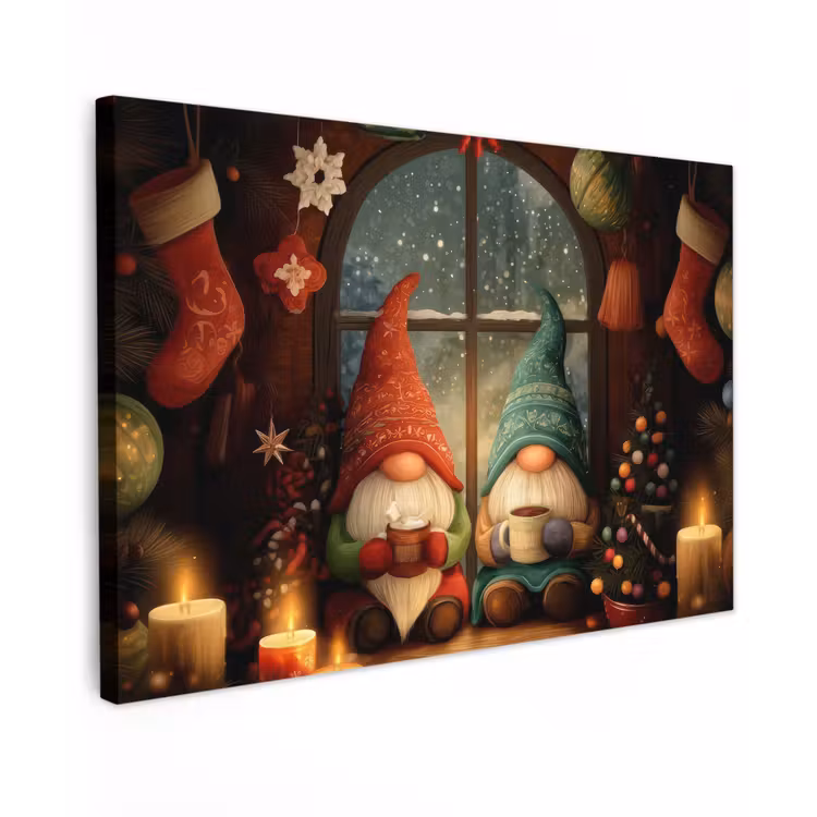 Canvas schilderij - Gnooms - Kerst - Raam - Kleurrijk — 1