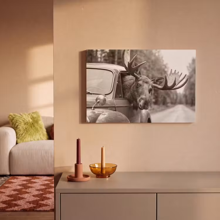 Canvas schilderij - Eland - Auto - Gewei - Zwart - Wit — 2
