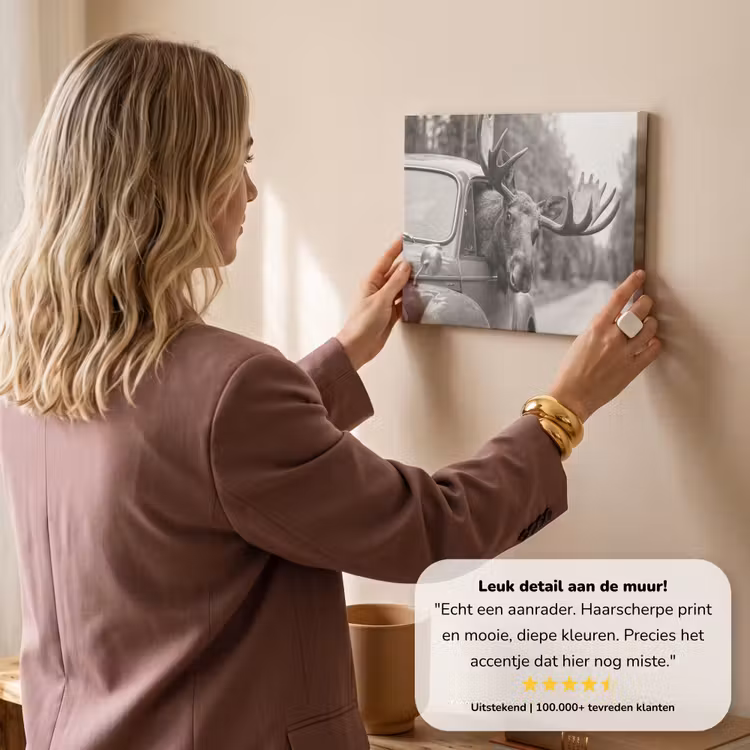 Canvas schilderij - Eland - Auto - Gewei - Zwart - Wit — 3
