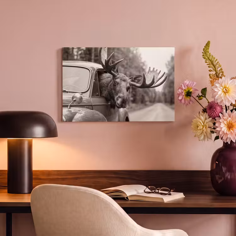 Canvas schilderij - Eland - Auto - Gewei - Zwart - Wit — 6