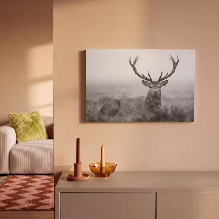 Canvas schilderij - Hert - Mistig - Zwart - Wit — 2