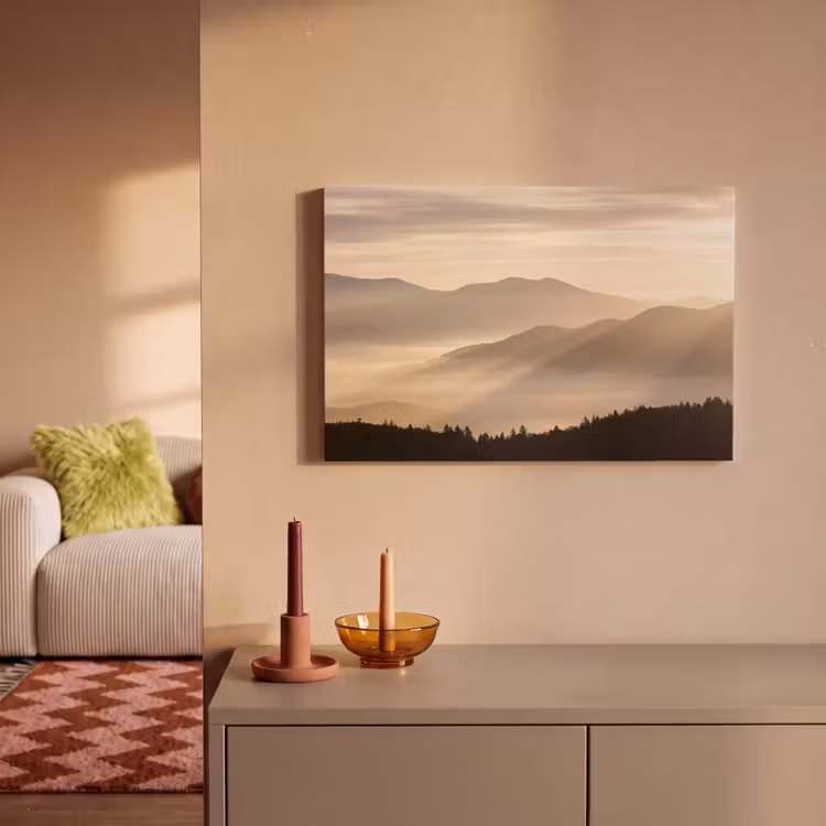 Canvas schilderij - Bergen - Mist - Zonnestralen — 2