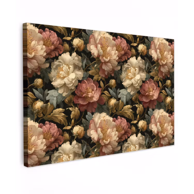 Canvas schilderij - Bloemen - Barok - Patroon - Roze - Crème — 1