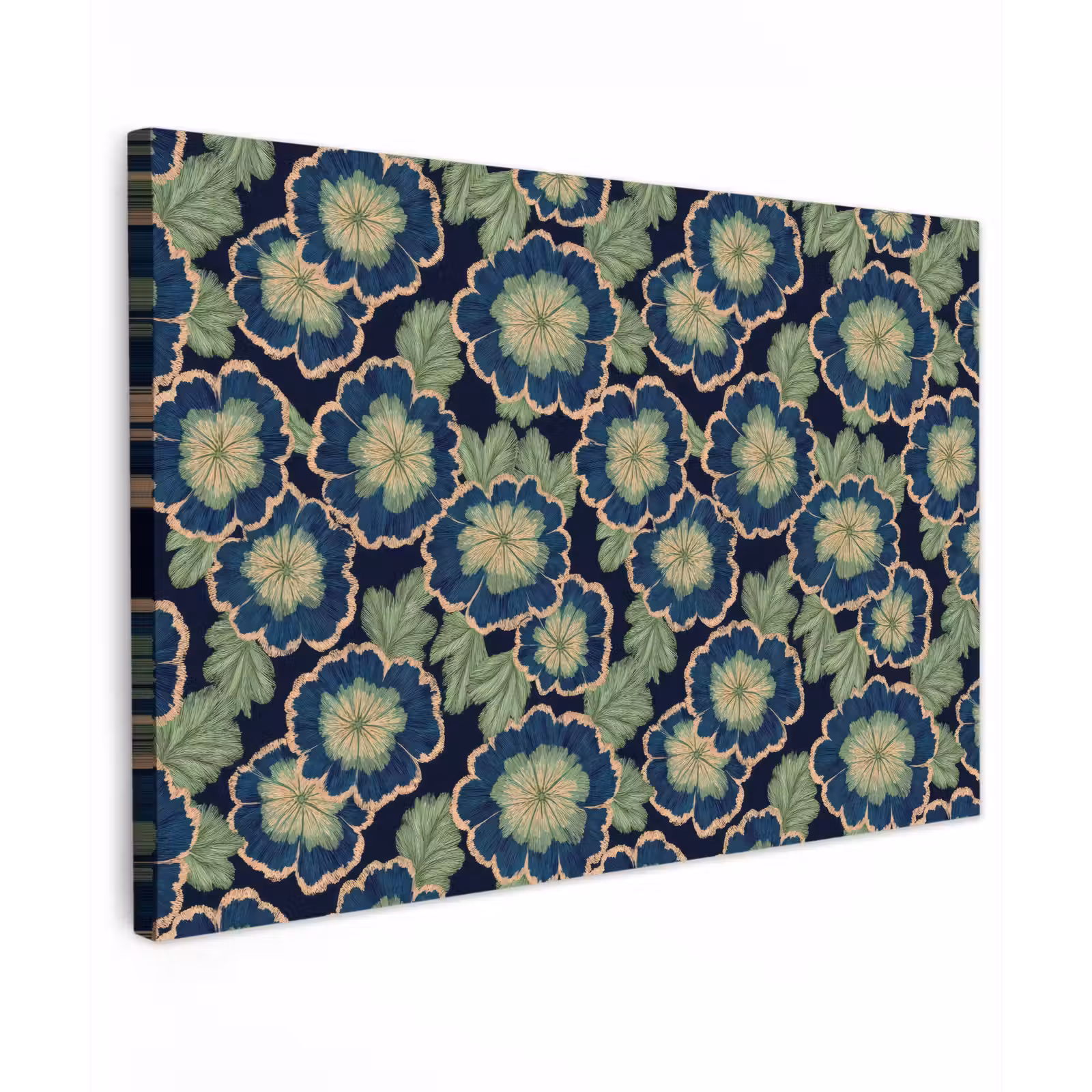 Canvas schilderij - Bloemen - Borduurwerk - Patroon - Blauw - Groen — 1