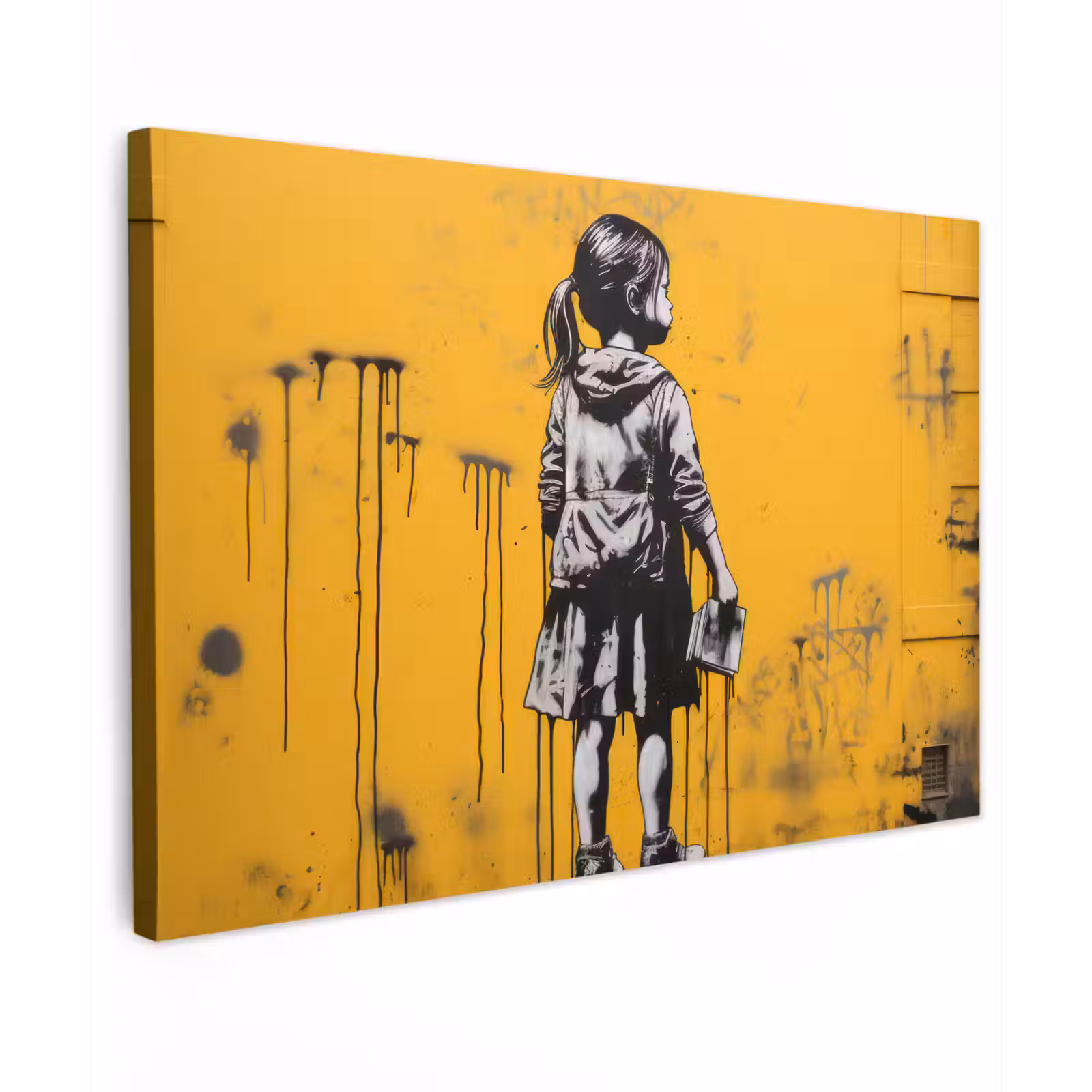 Canvas schilderij - Meisje - Boek - Gele Muur - Graffiti — 1