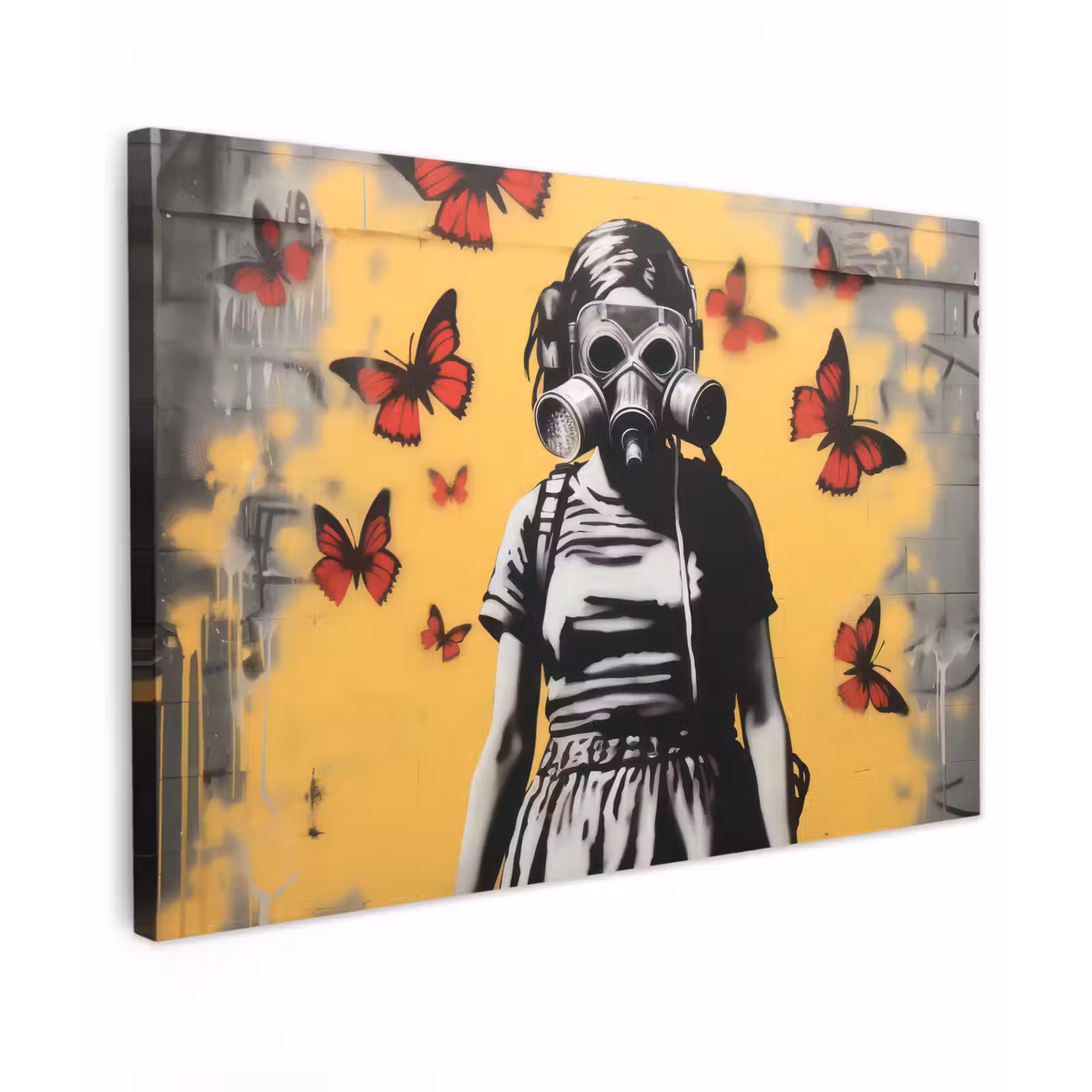 Canvas schilderij - Meisje - Gasmasker - Vlinders - Graffiti — 1