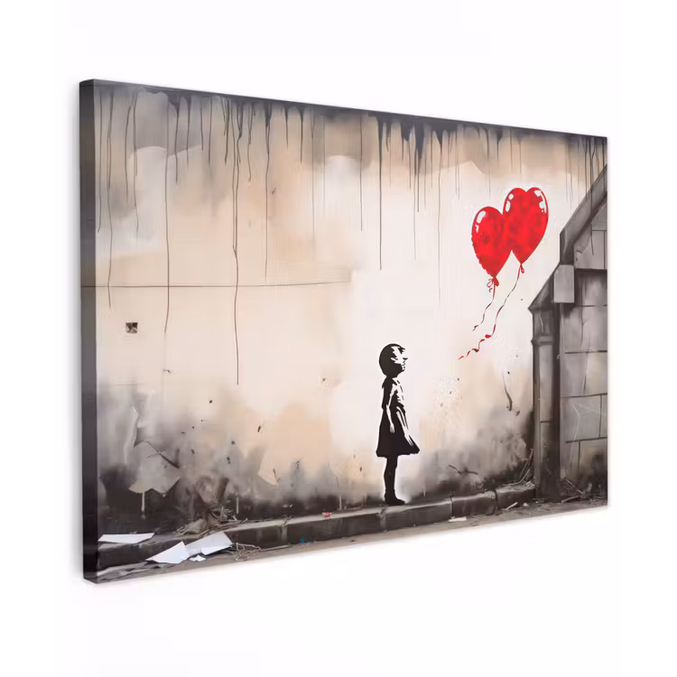 Canvas schilderij - Kunst - Meisje - Ballonnen - Hart - Grijs — 1