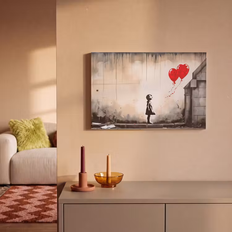 Canvas schilderij - Kunst - Meisje - Ballonnen - Hart - Grijs — 2
