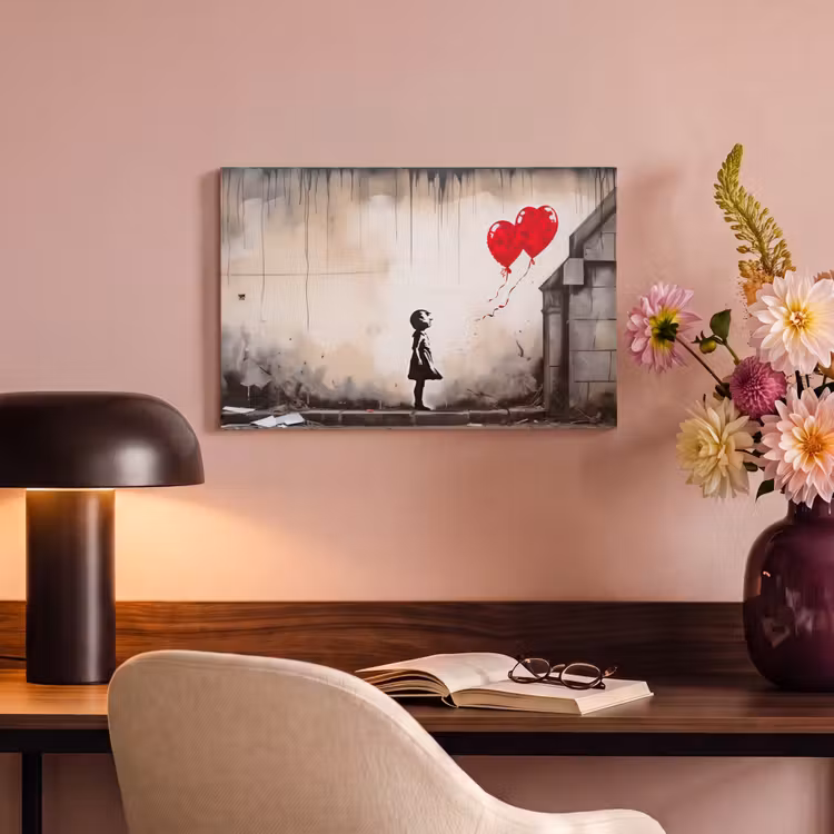 Canvas schilderij - Kunst - Meisje - Ballonnen - Hart - Grijs — 6