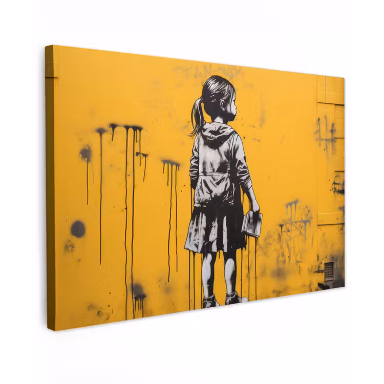Canvas schilderij - Meisje - Boek - Gele Muur - Graffiti — 1