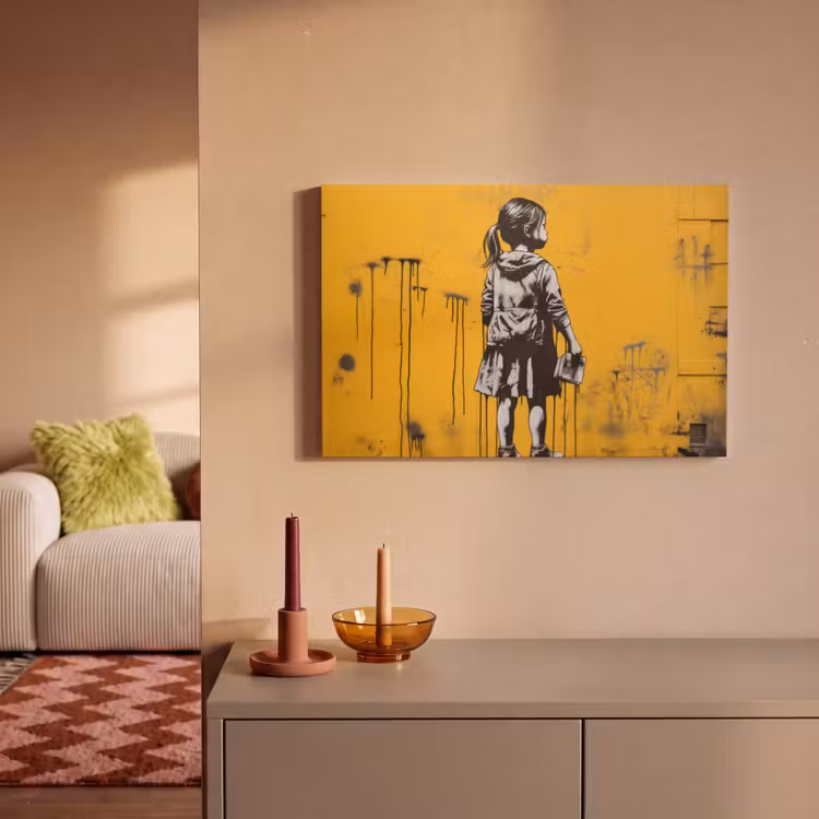 Canvas schilderij - Meisje - Boek - Gele Muur - Graffiti — 2