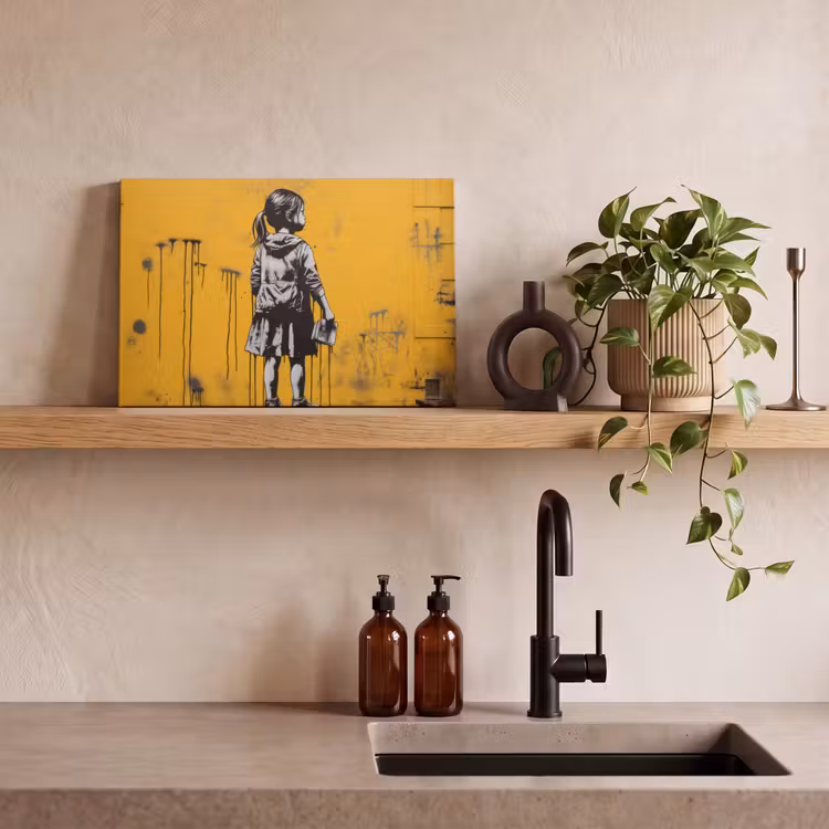 Canvas schilderij - Meisje - Boek - Gele Muur - Graffiti — 4