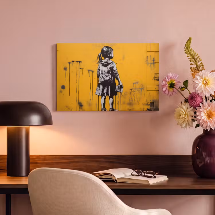 Canvas schilderij - Meisje - Boek - Gele Muur - Graffiti — 6