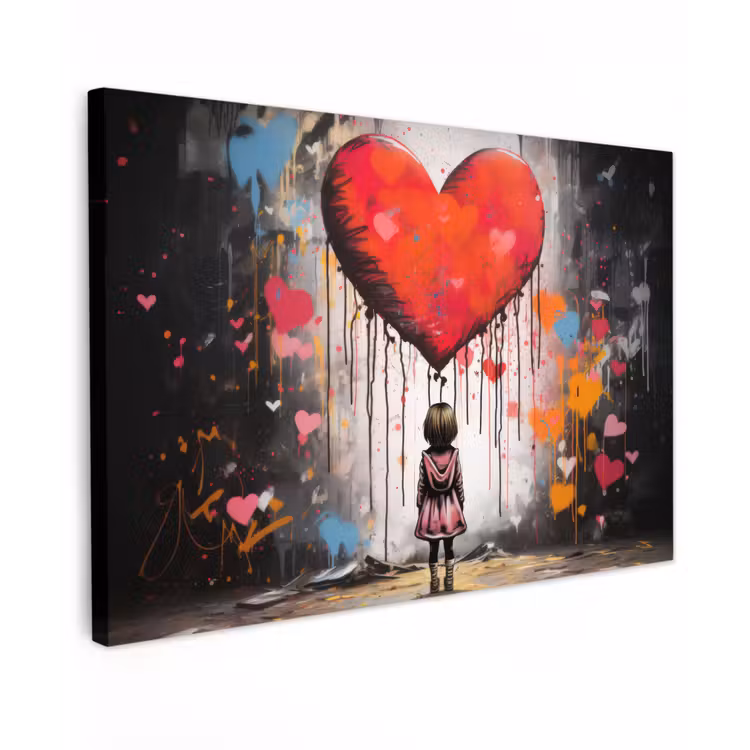 Canvas schilderij - Meisje - Hart - Graffiti - Kunst - Kleuren - Rood — 1