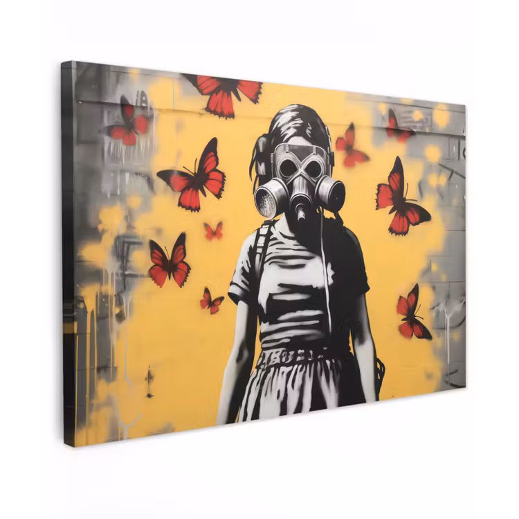 Canvas schilderij - Meisje - Gasmasker - Vlinders - Graffiti — 1