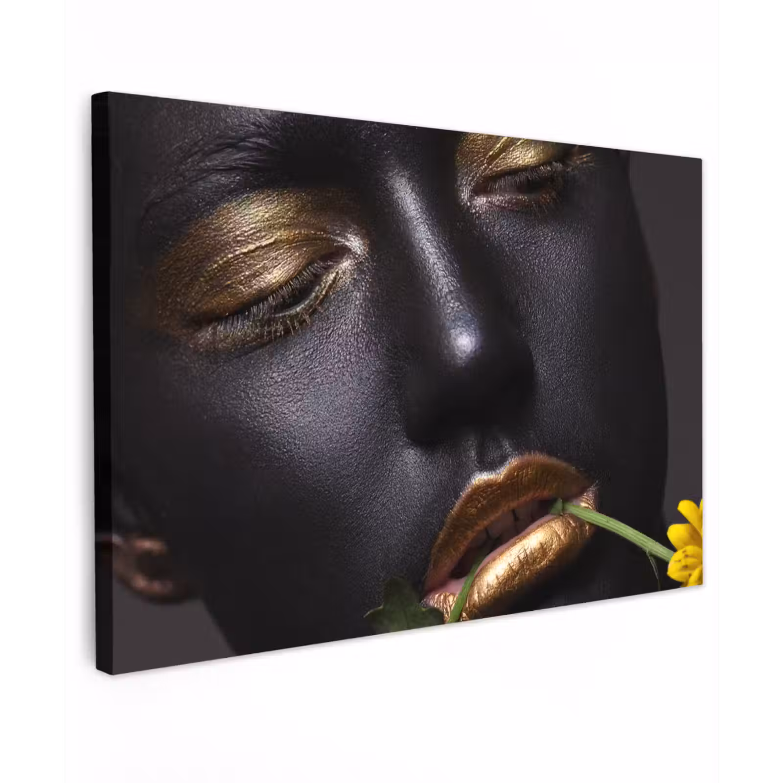 Canvas schilderij - Vrouw - Bloemen - Goud - Zwart — 1