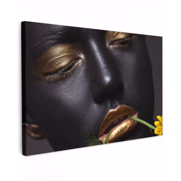 Canvas schilderij - Vrouw - Bloemen - Goud - Zwart — 1