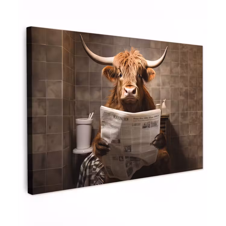 Canvas schilderij - Schotse hooglander - Krant - Toilet — 1