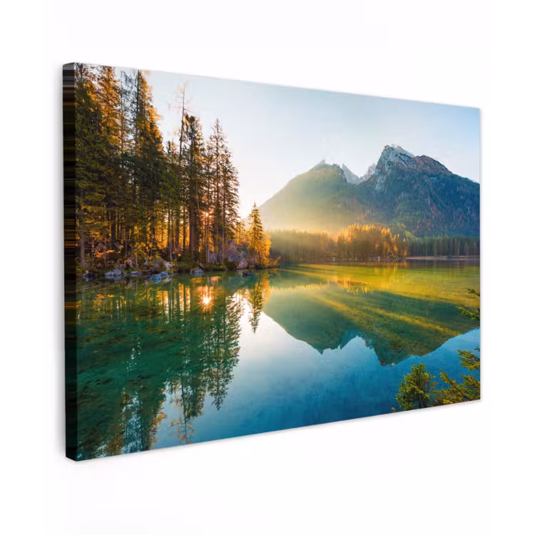 Canvas schilderij - Meer - Bos - Bergen - Natuur - Zon - Landschap — 1