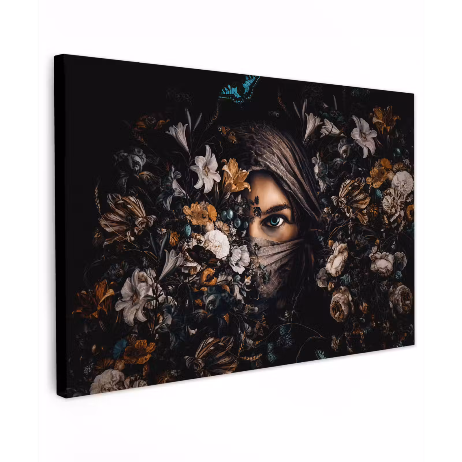 Canvas schilderij - Vrouw - Luxe - Bloemen - Vlinder - Portret — 1