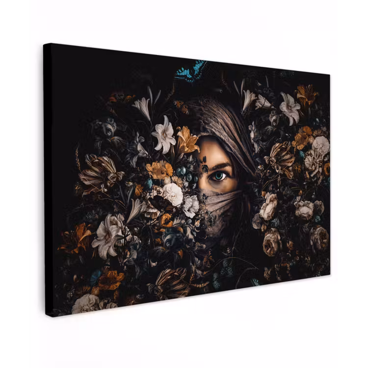 Canvas schilderij - Vrouw - Luxe - Bloemen - Vlinder - Portret — 1