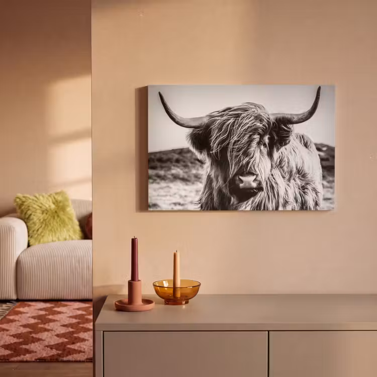 Canvas schilderij - Schotse hooglander - Natuur - Koe - Zwart - Wit — 2