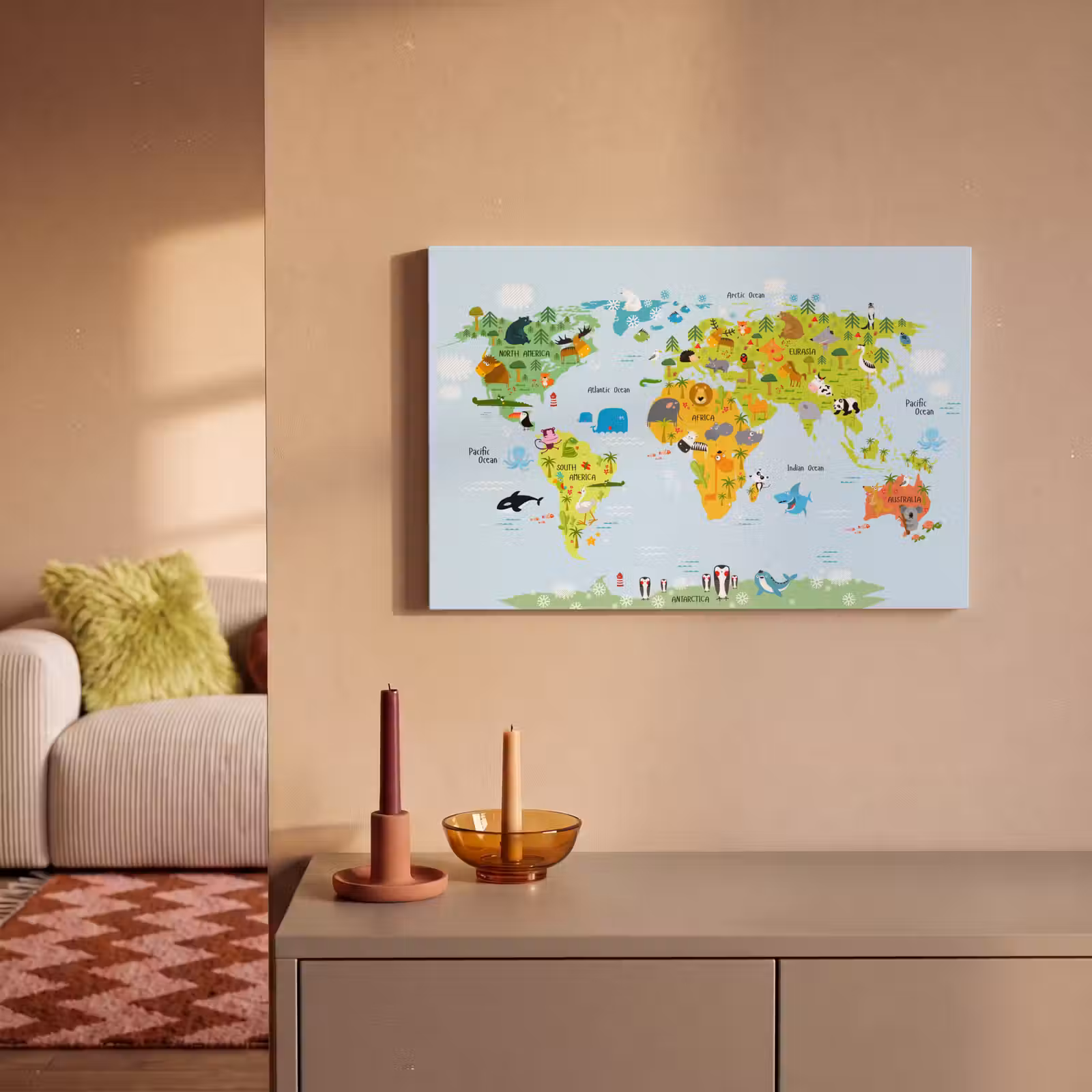 Canvas schilderij - Wereldkaart - Kinderen - Dieren - Natuur - Jongens - Meisjes — 1