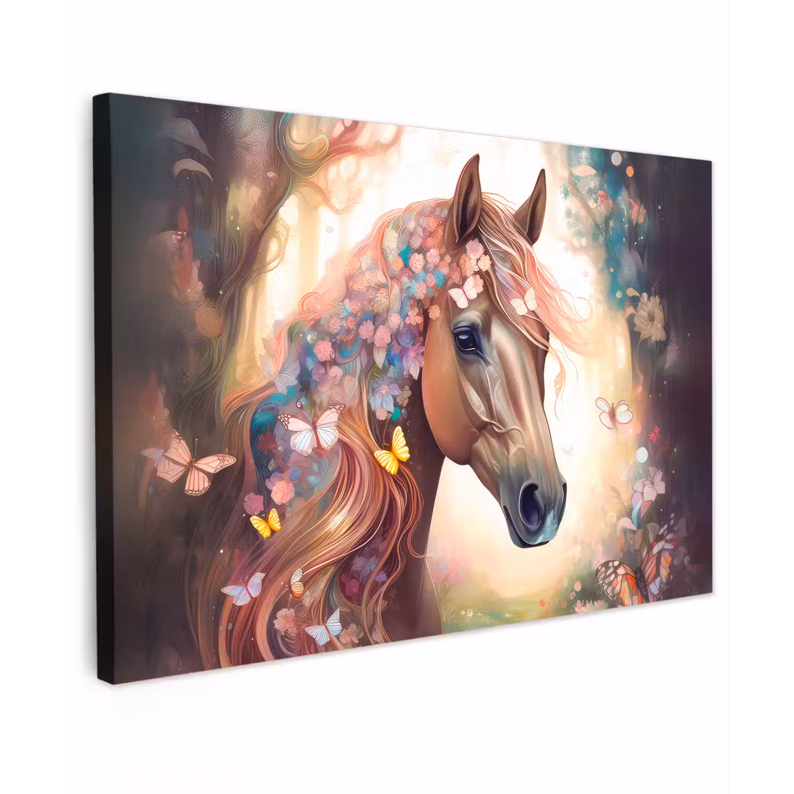 Canvas schilderij - Paard - Natuur - Bloemen - Vlinders - Bos — 1