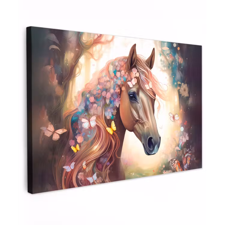 Canvas schilderij - Paard - Natuur - Bloemen - Vlinders - Bos — 1