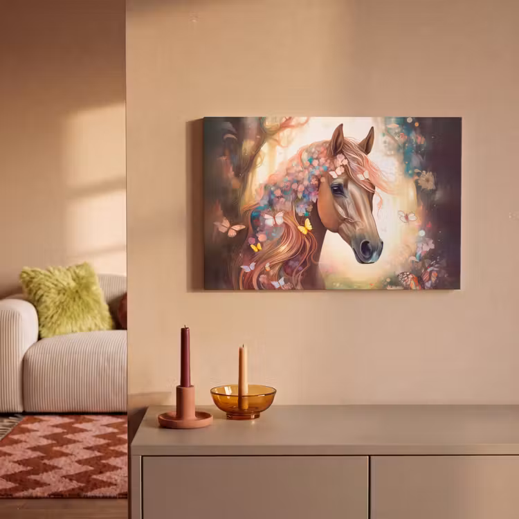 Canvas schilderij - Paard - Natuur - Bloemen - Vlinders - Bos — 2
