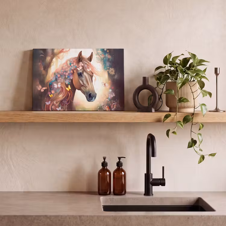 Canvas schilderij - Paard - Natuur - Bloemen - Vlinders - Bos — 4