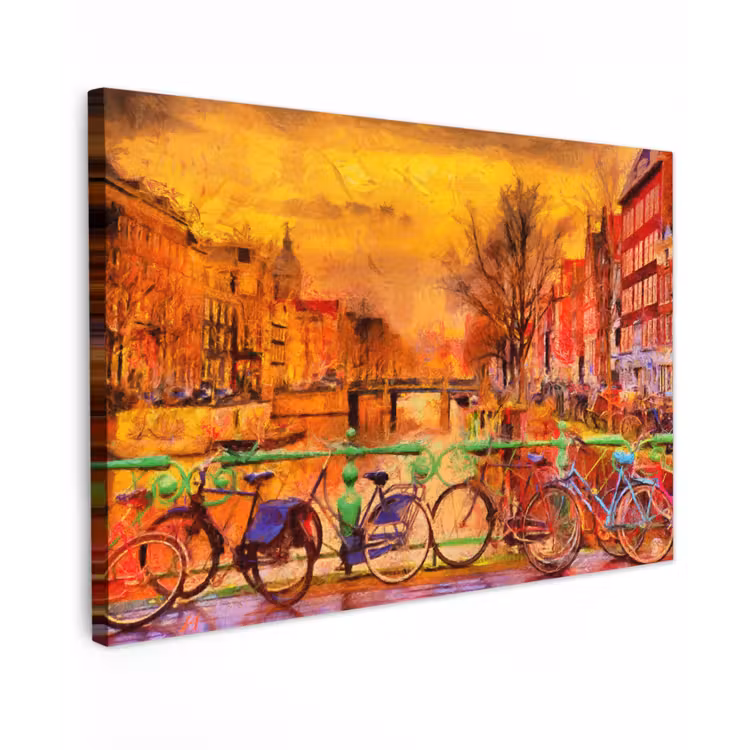 Canvas schilderij - Schilderij - Fiets - Amsterdam - Gracht - Olieverf — 1