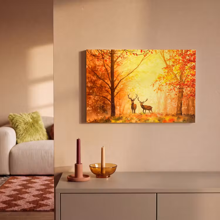 Canvas schilderij - Natuur - Olieverf - Hert - Dieren - Herfst - Oranje — 2