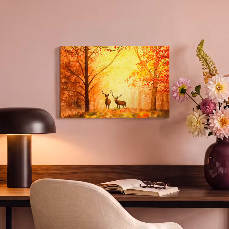 Canvas schilderij - Natuur - Olieverf - Hert - Dieren - Herfst - Oranje — 6