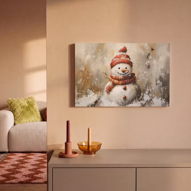 Canvas schilderij - Sneeuwpop - Winter - Sneeuw - Beige — 2