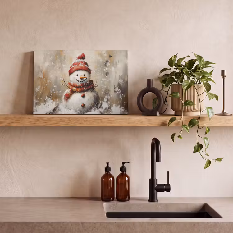 Canvas schilderij - Sneeuwpop - Winter - Sneeuw - Beige — 4